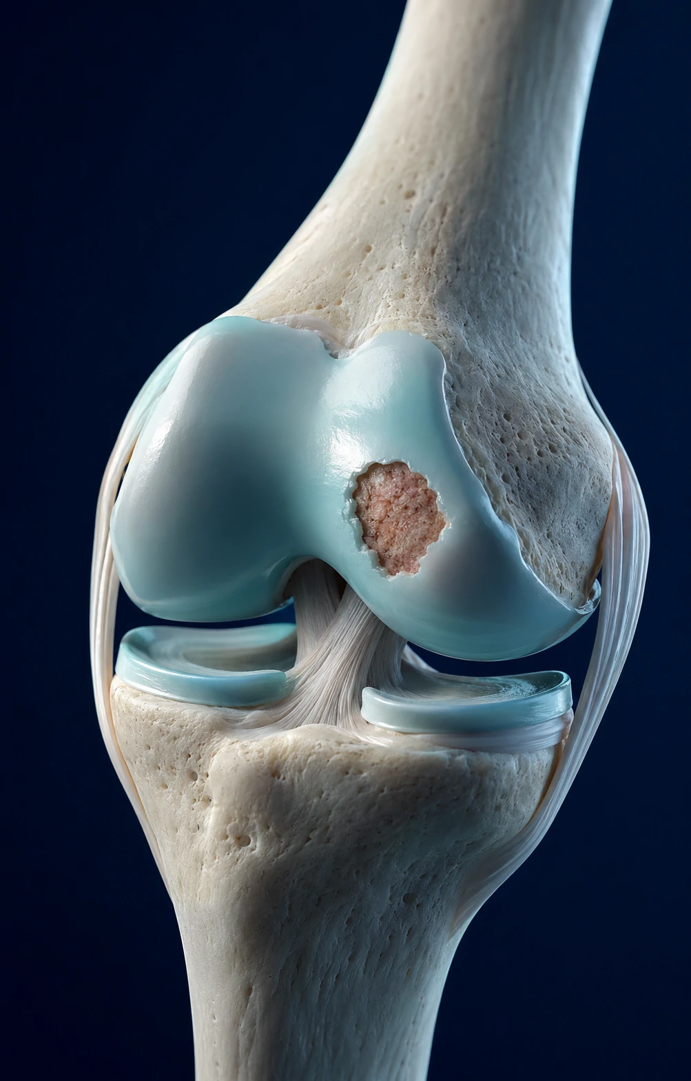 Medical illustration showing cartilage damage inside an athlete's knee joint